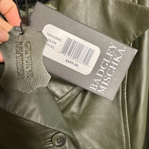 Olive Green Leather Trench Coat Badgley Mischka Women's Size XS NWT $499 - Picture 6 of 7